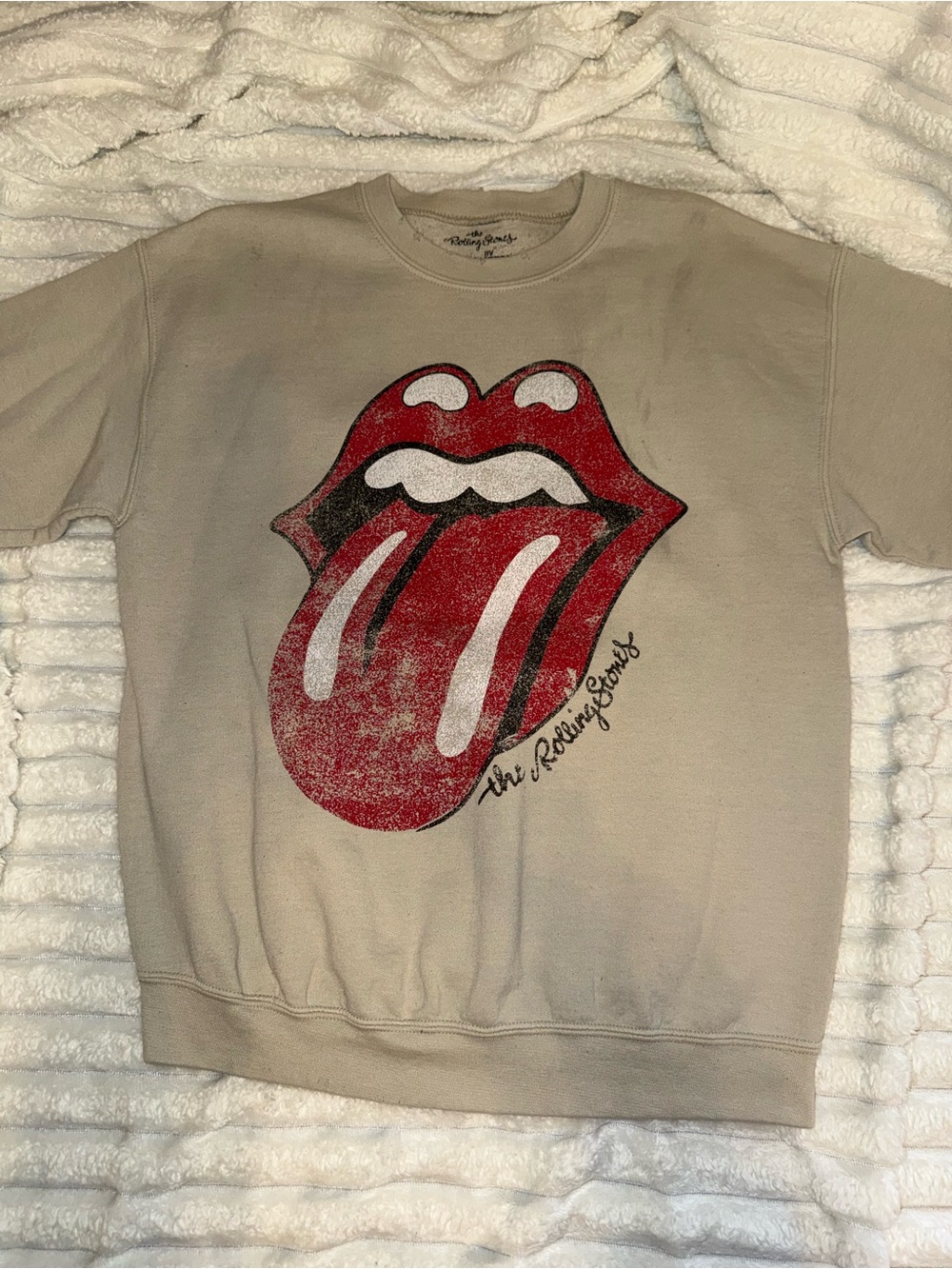 Altar'd State Beige Sweatshirt with Red Rolling Stones Tongue Graphic